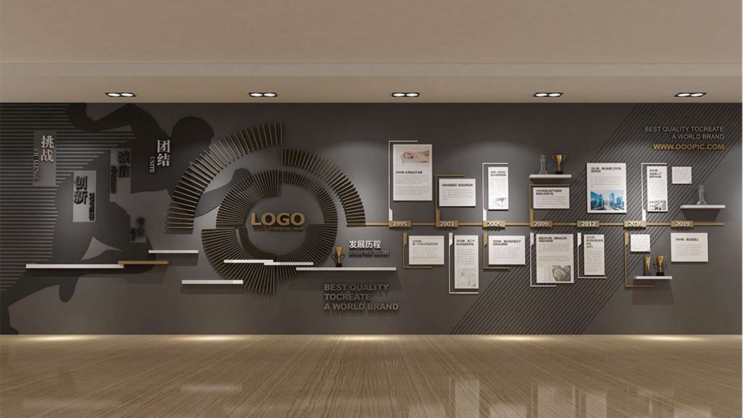 企业发展历程与荣誉结合造型文化墙模板定制(图1)